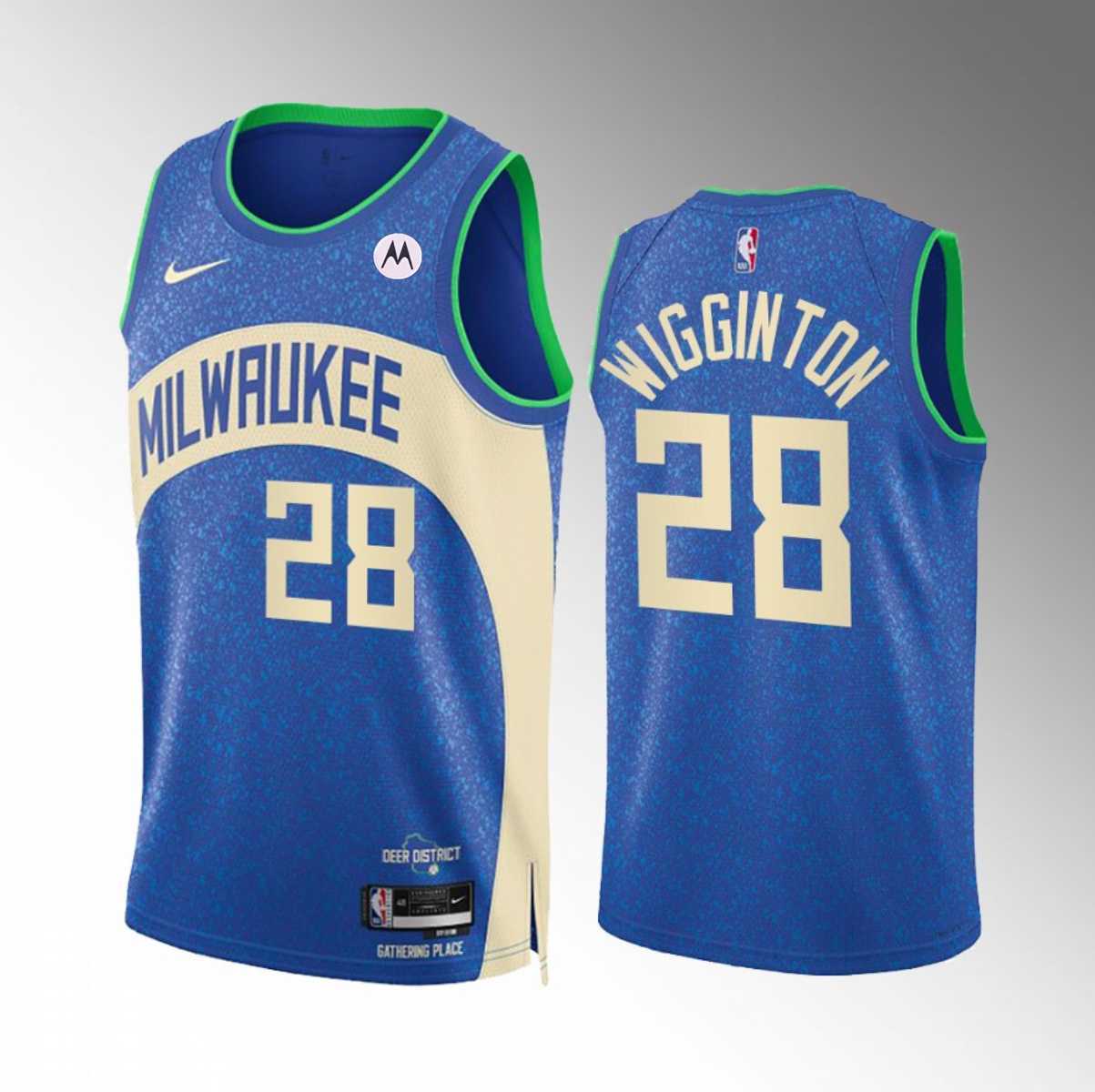 Men%27s Milwaukee Bucks #28 Lindell Wigginton Blue 2023-24 City Edition Stitched Basketball Jersey Dzhi->milwaukee bucks->NBA Jersey